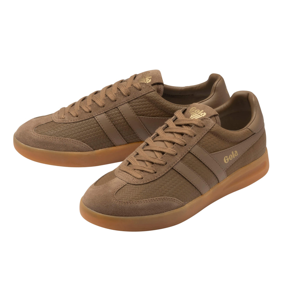 Pair of Gola men's trainers in brown with a woven texture and suede toe and heel
