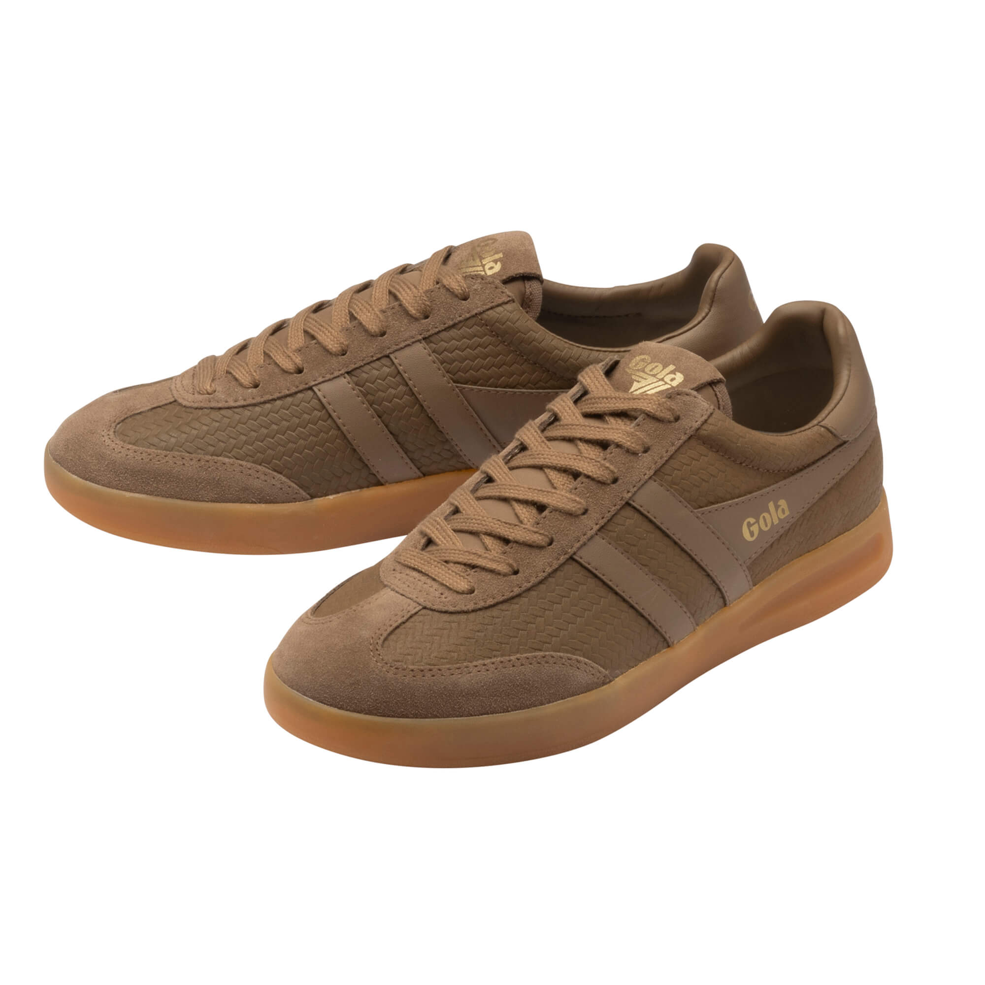 Pair of Gola men's trainers in brown with a woven texture and suede toe and heel