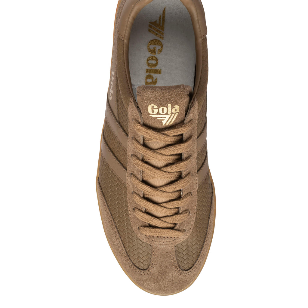 Overhead view of a single Gola Harrier trainer in tan with a woven texture and suede toe