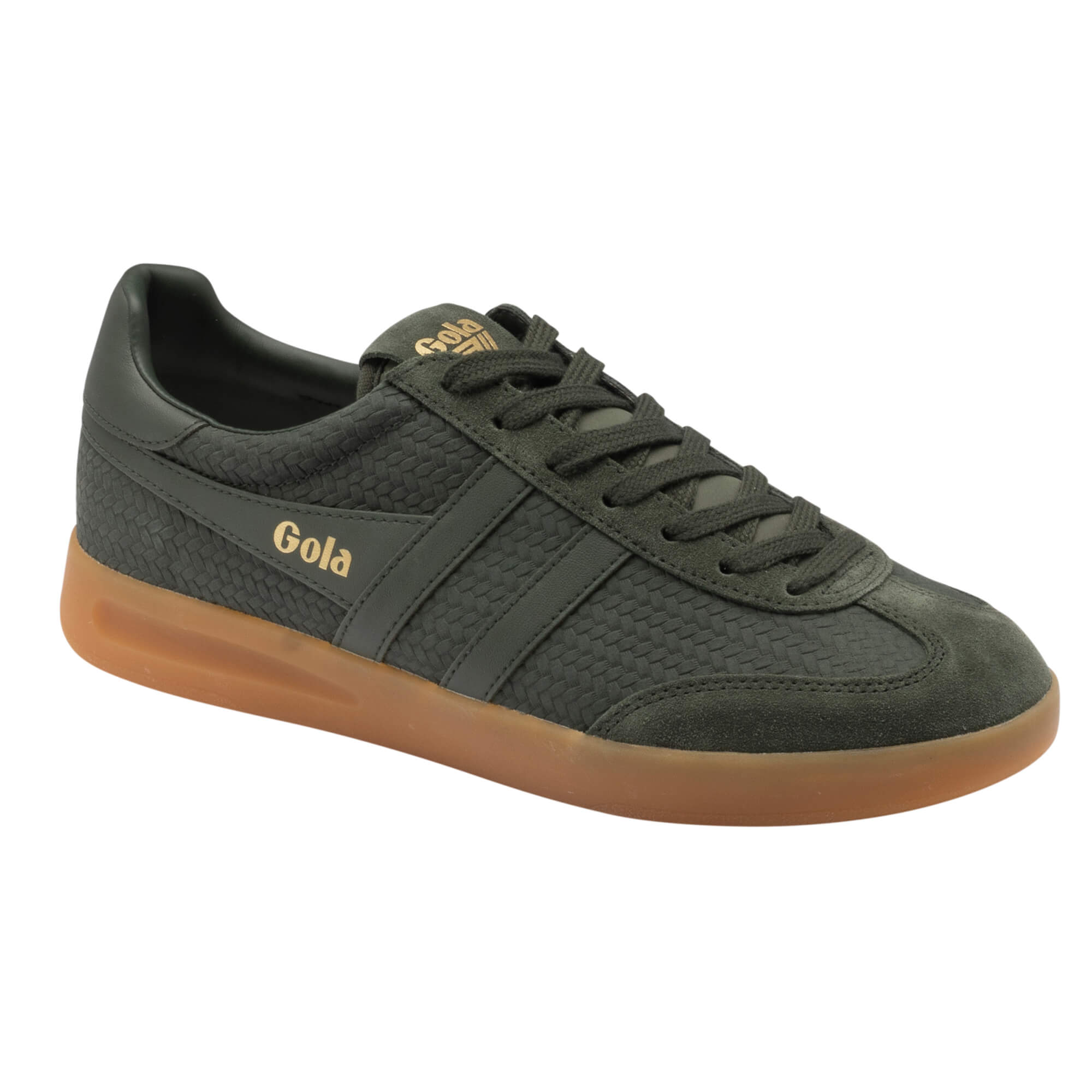 Gola men's trainer in dark green with a textured upper, suede toe, and gum sole