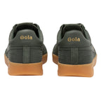 Pair of dark green Gola trainers with tan soles, rear view