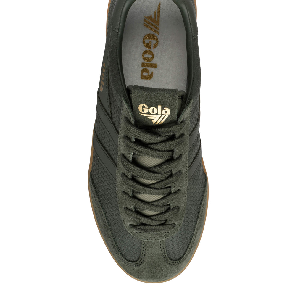 Top-down view of a dark green Gola trainer with brown sole and gold Gola branding on the tongue