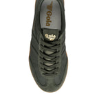 Top-down view of a dark green Gola trainer with brown sole and gold Gola branding on the tongue