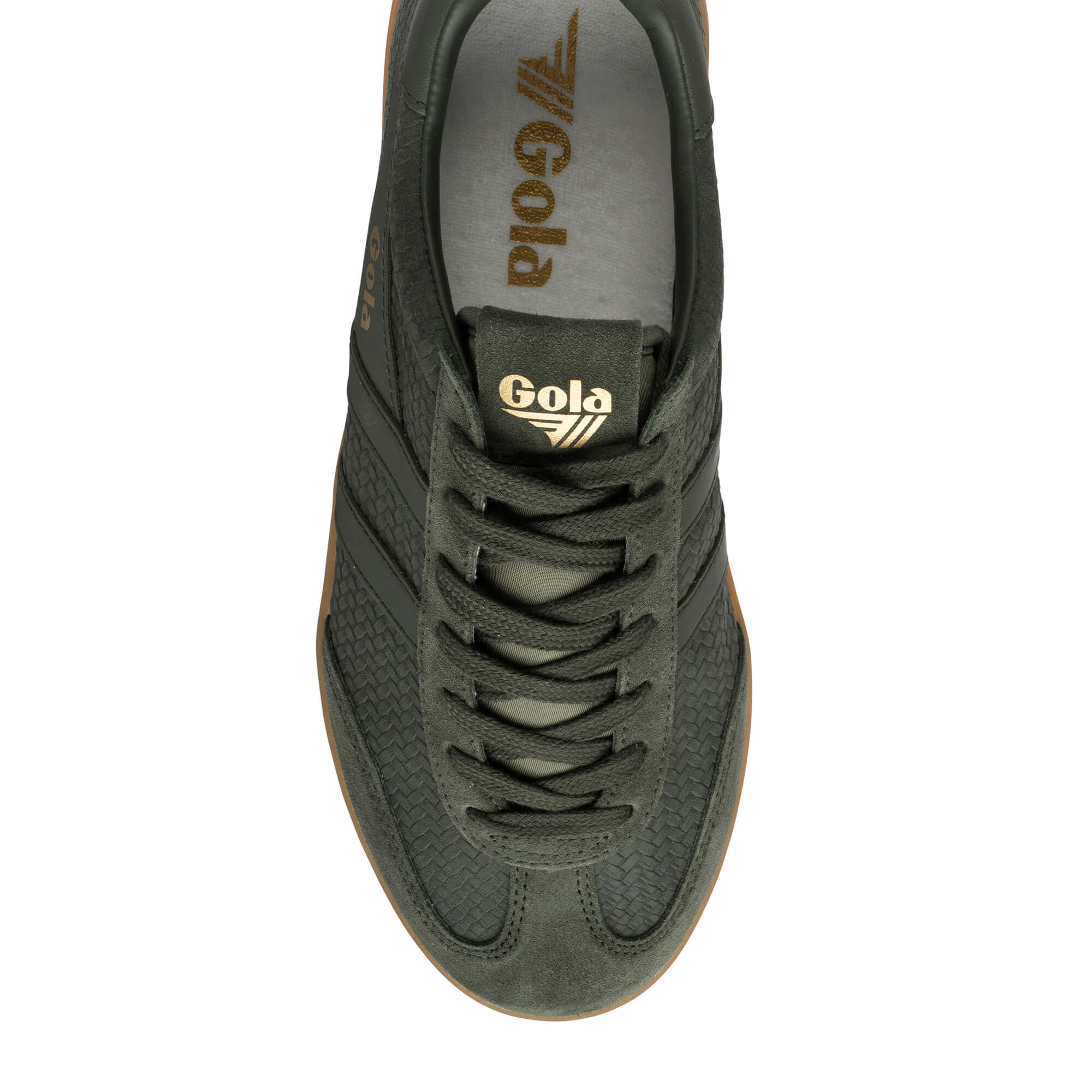 Top-down view of a dark green Gola trainer with brown sole and gold Gola branding on the tongue