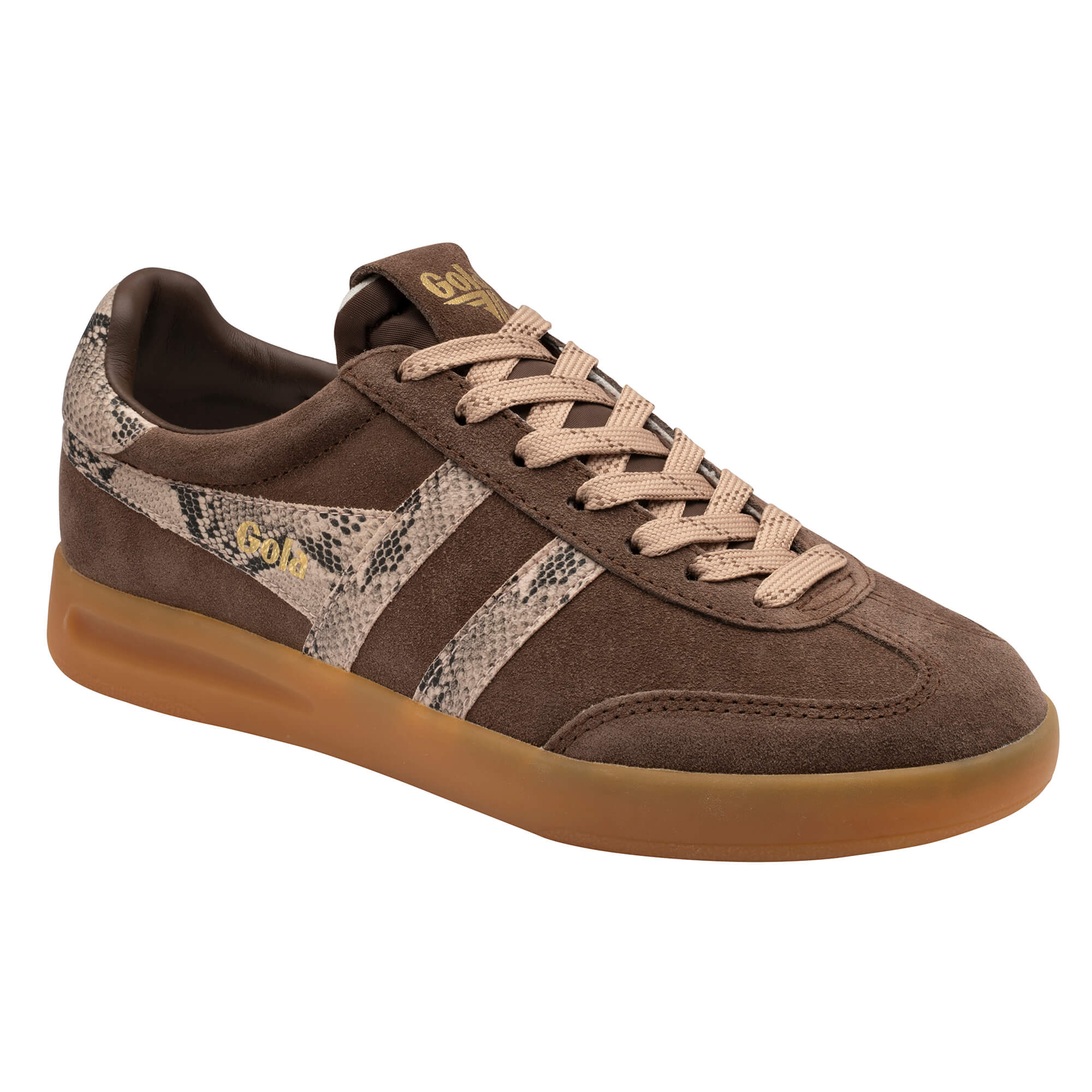 Brown Gola trainer with snakeskin print side stripes and a gum sole