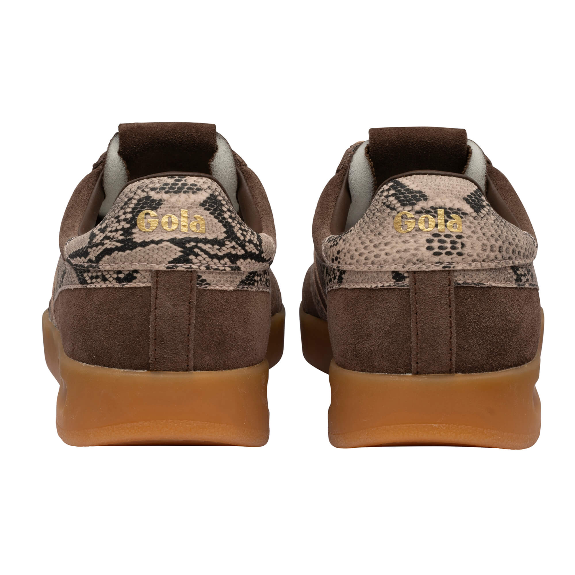 Rear view of two brown Gola trainers with snakeskin print and gum soles