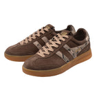 Pair of Gola Daytona trainers in brown suede with snakeskin print details and gum soles
