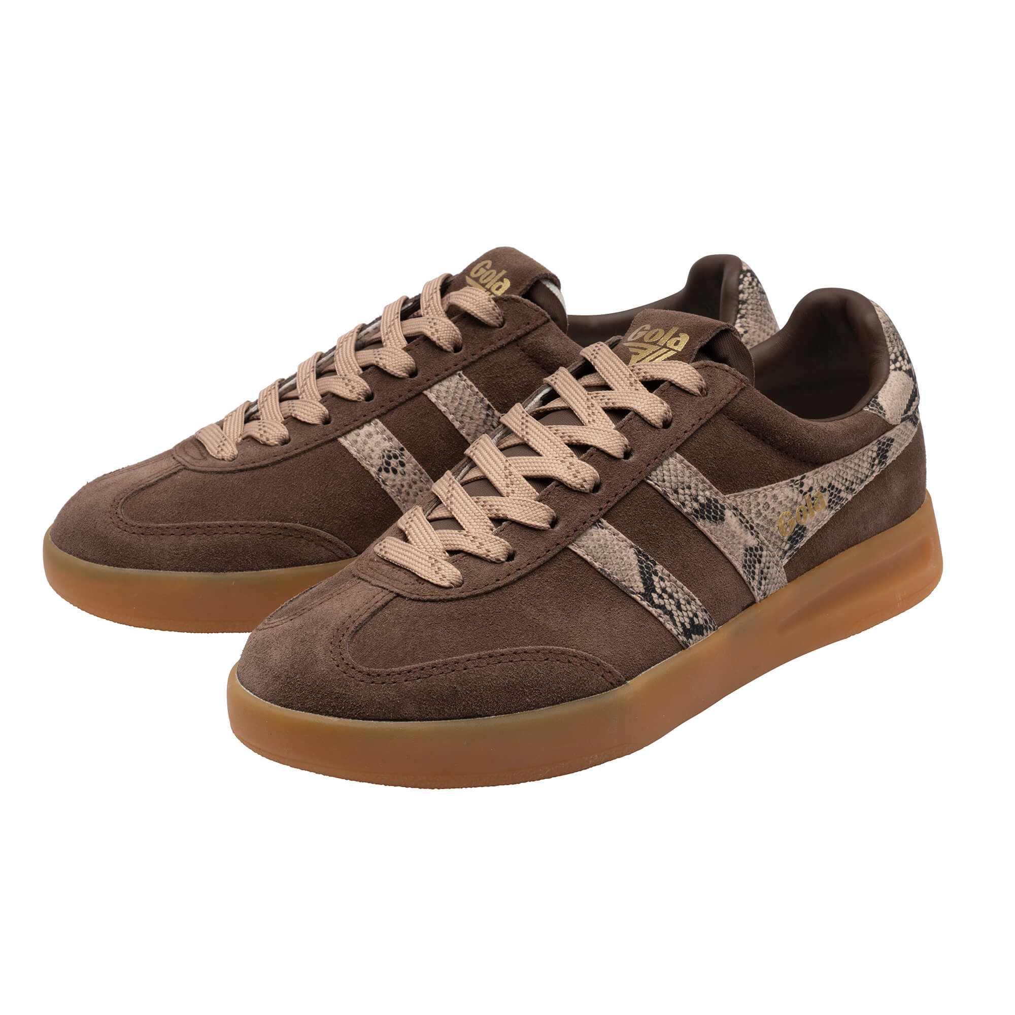 Pair of Gola Daytona trainers in brown suede with snakeskin print details and gum soles