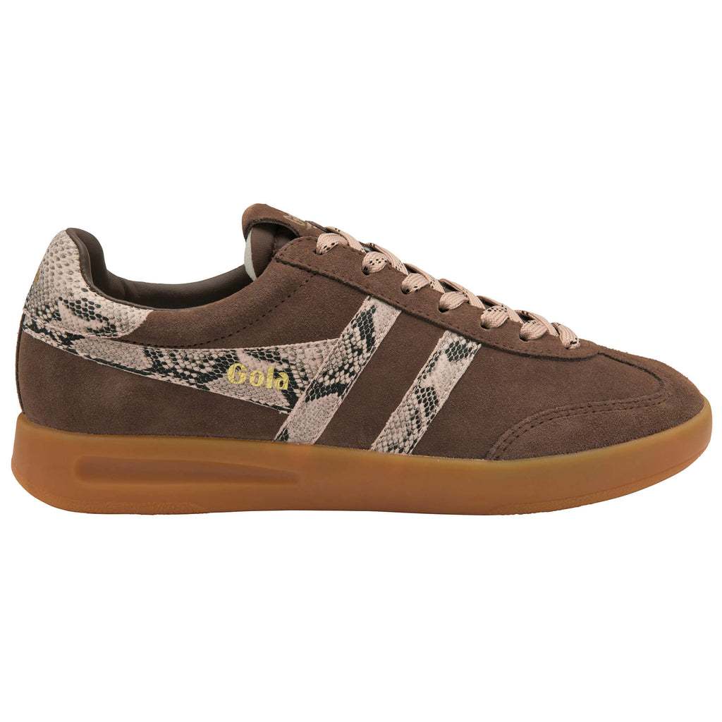 Brown suede trainer with snakeskin print stripes and heel tab, Gola branding in gold, and a gum sole