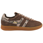 Brown suede trainer with snakeskin print stripes and heel tab, Gola branding in gold, and a gum sole