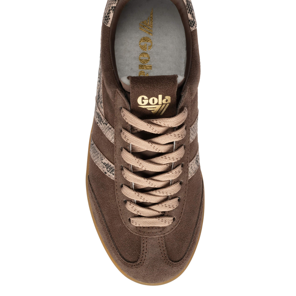 Brown Gola trainer with snakeskin print and beige laces