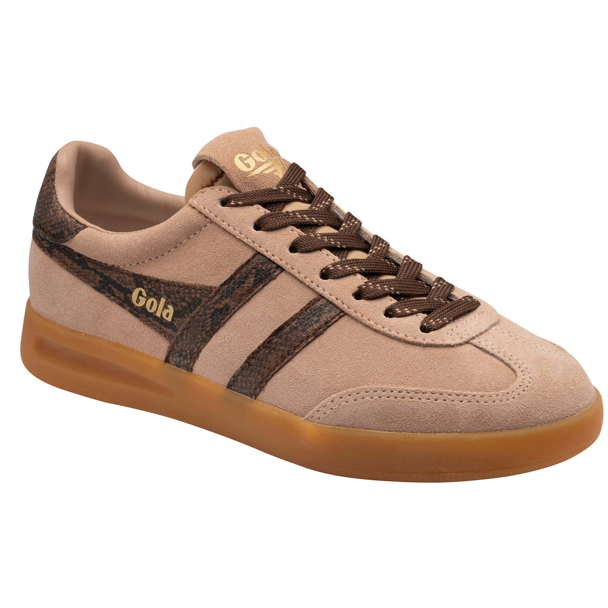 Gola women's trainer in light brown suede with dark brown laces and side stripes