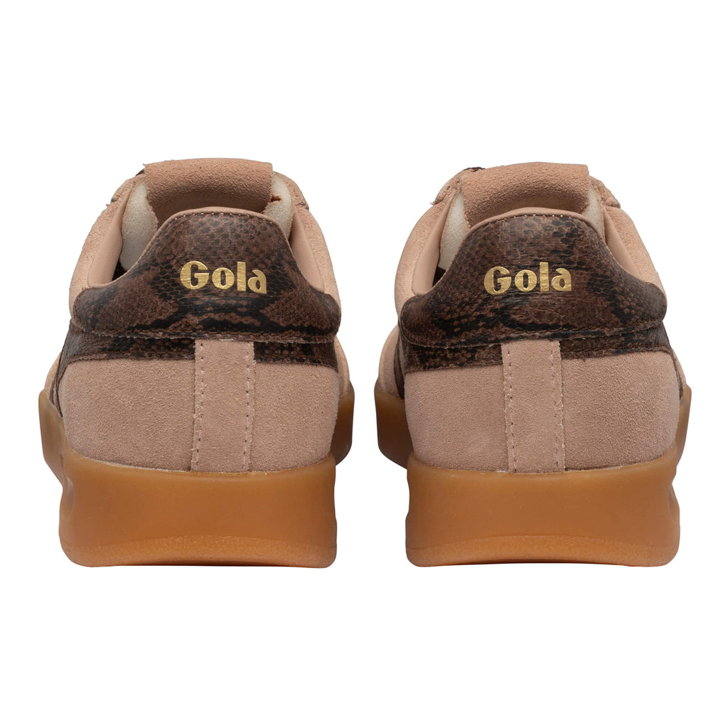 Rear view of two Gola trainers in beige with dark brown snakeskin print trim and gum soles