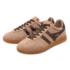 Pair of Gola Elan trainers in tan suede with brown laces and side stripes