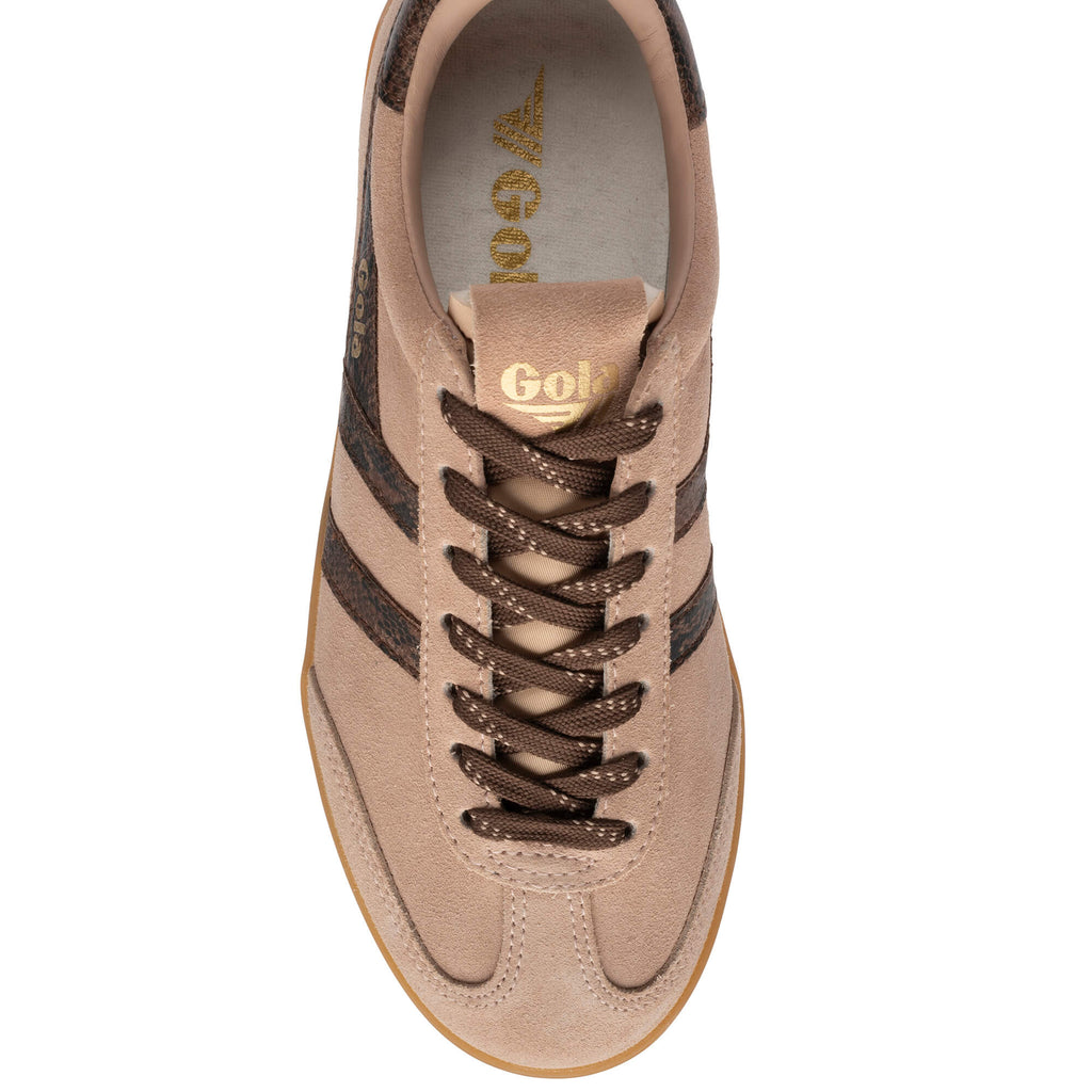 Top-down view of a Gola Harrier trainer in beige suede with brown laces and side stripes