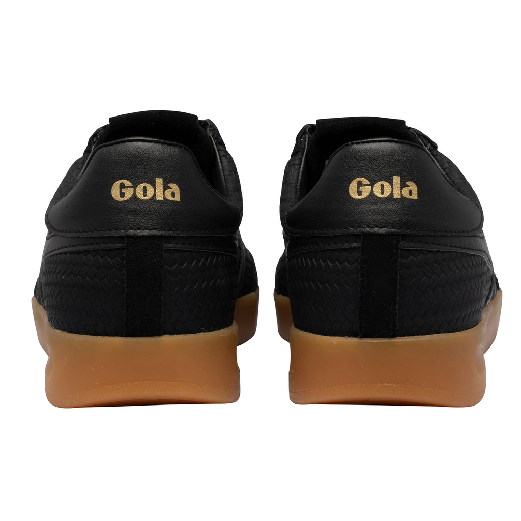 Rear view of black Gola Classics trainers with gold branding and gum soles