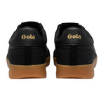 Rear view of black Gola Classics trainers with gold branding and gum soles