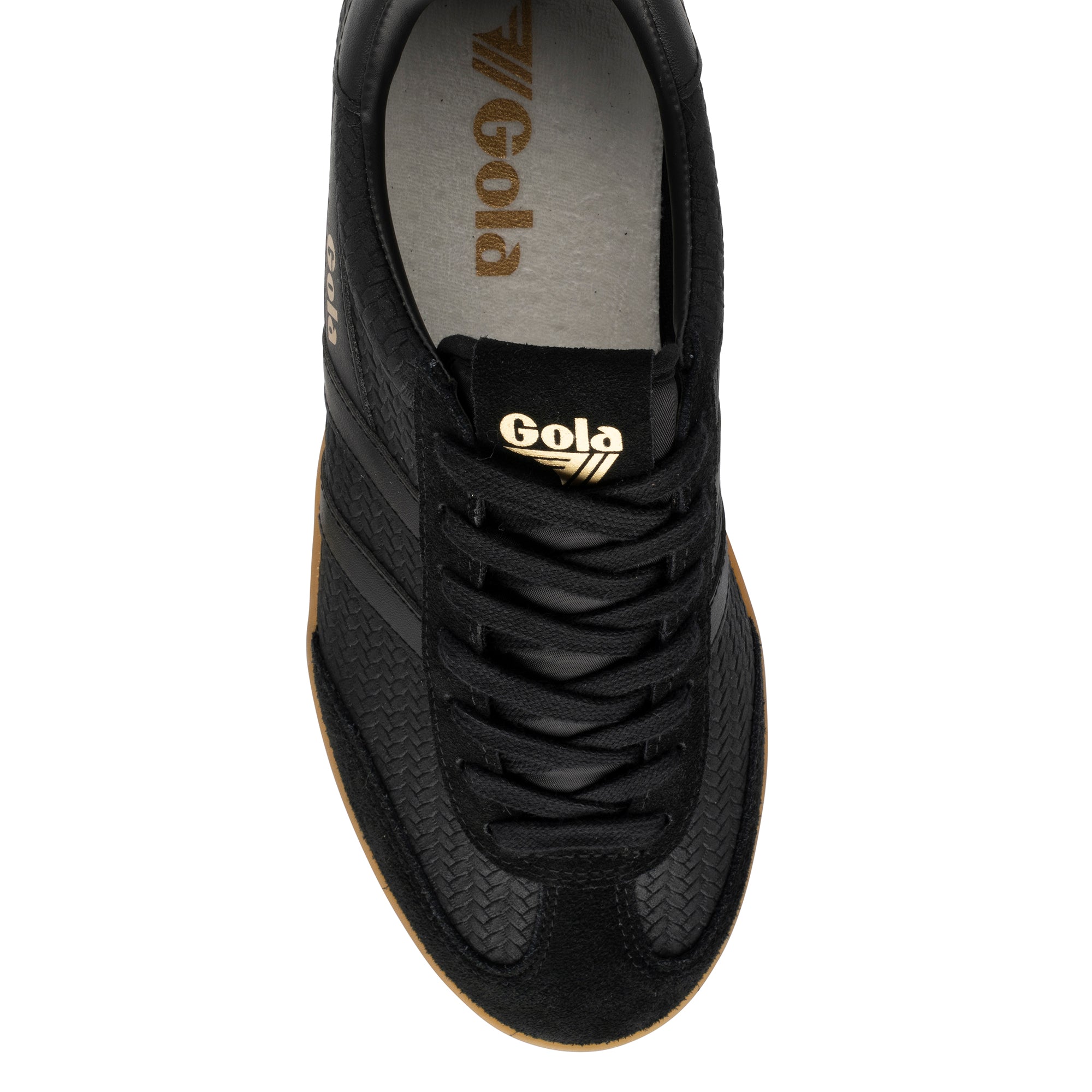 Top view of a black Gola Classics trainer with a gum sole