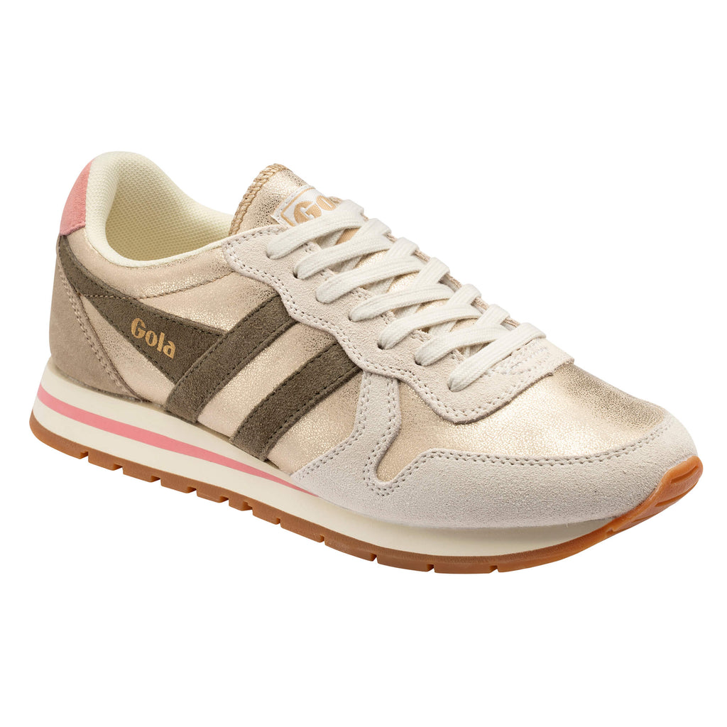 Gola women's trainer in gold, off-white, and pink with a brown sole