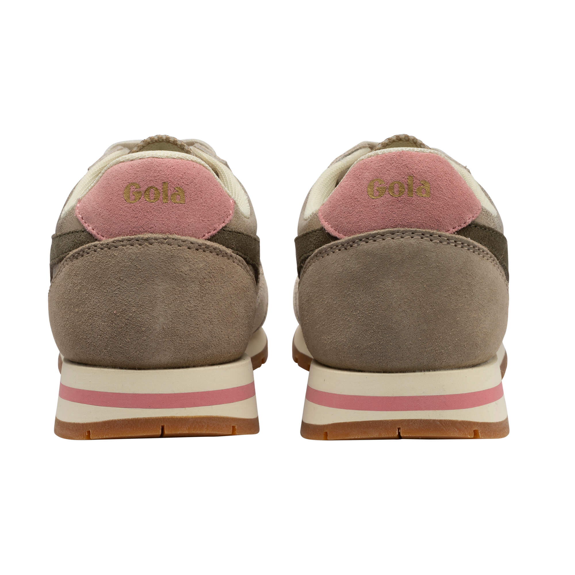 Rear view of two Gola trainers in taupe and off-white with pink accents