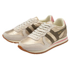 Pair of Gola trainers in metallic gold and off-white with brown stripes and pink trim