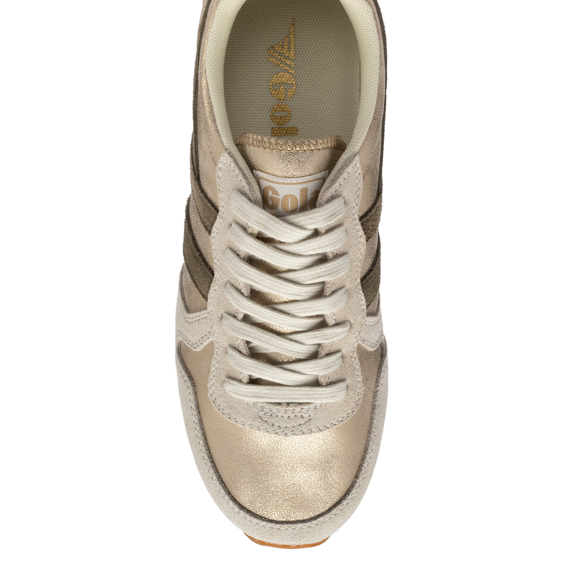 Top-down view of a gold and beige Gola trainer with white laces