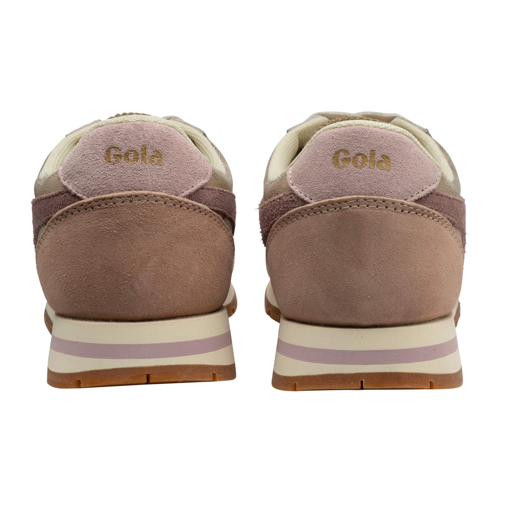Rear view of two Gola trainers in brown and pink suede with cream and purple striped soles