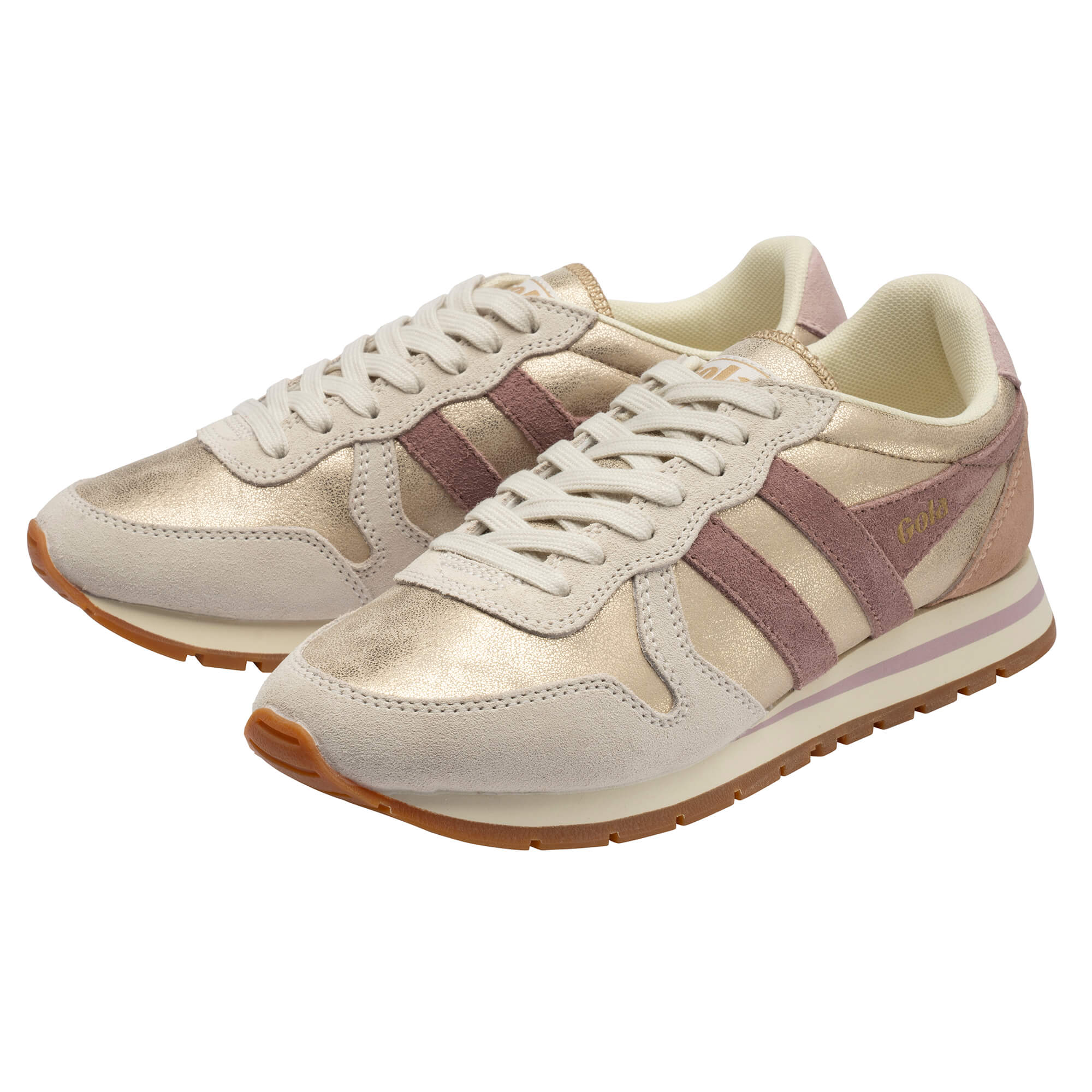 Pair of Gola Daytona trainers in gold, off-white, and pink