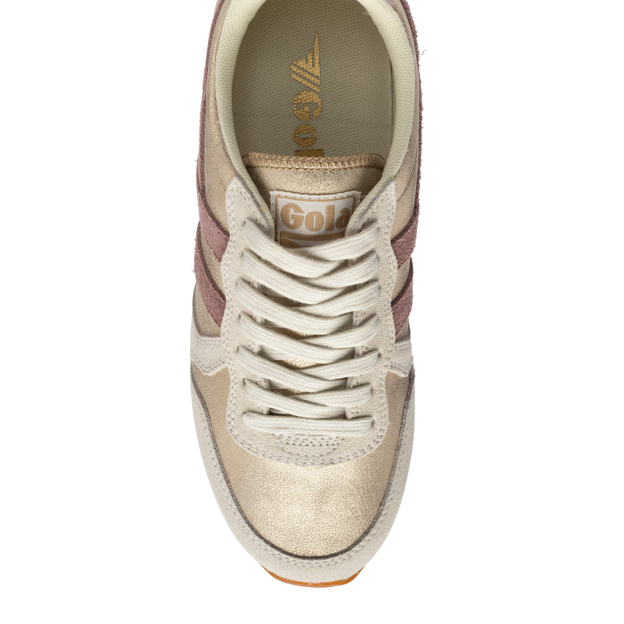 Overhead view of a Gola trainer in gold and pink with cream laces