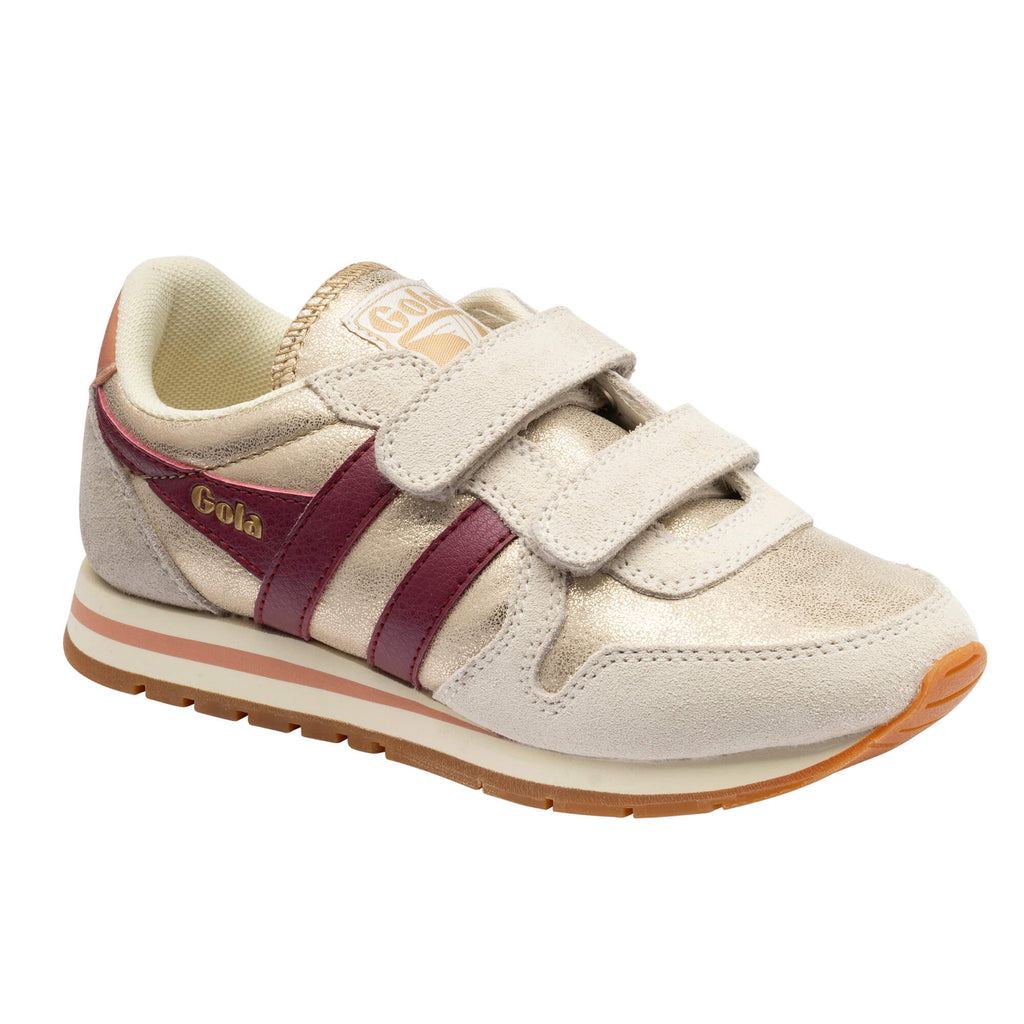 Gola Kids Coaster trainers in gold with burgundy stripes and cream hook-and-loop straps