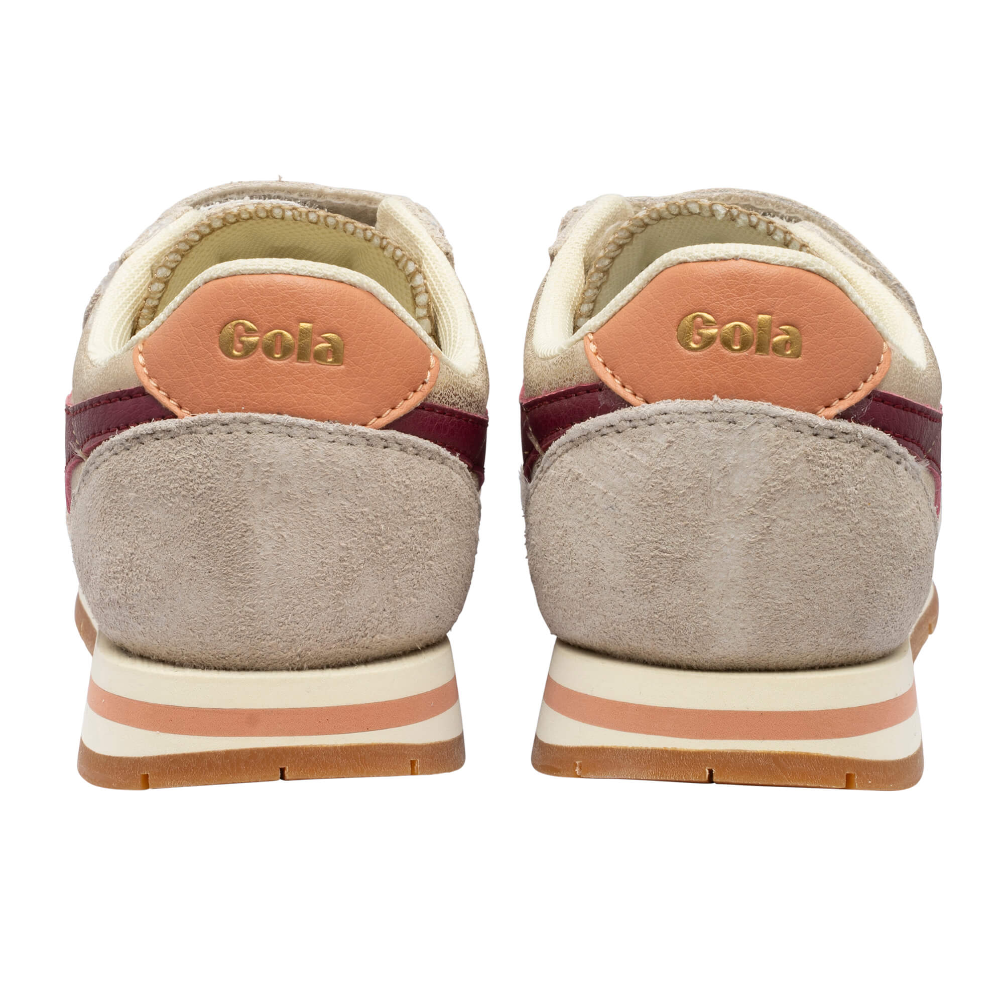 Rear view of two Gola trainers in beige suede with peach and burgundy accents