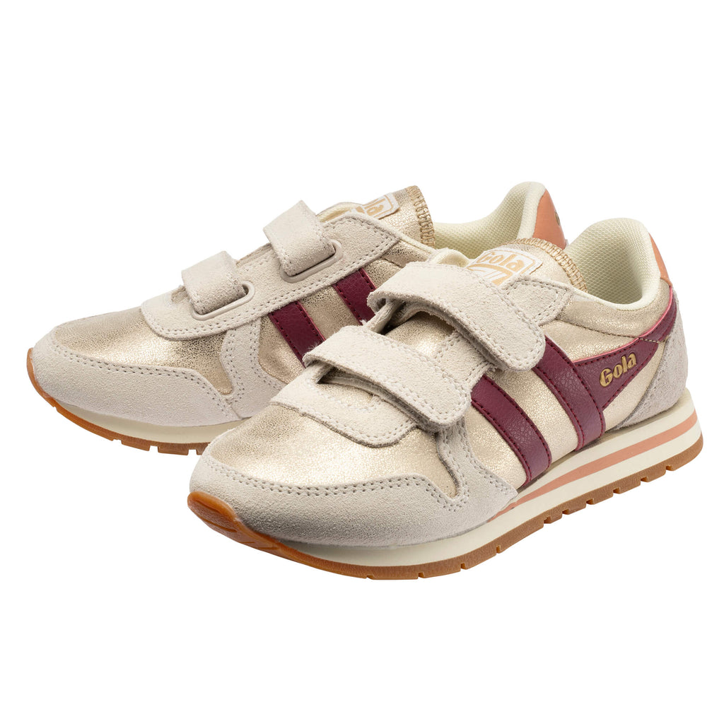 Pair of Gola Kids Coaster trainers in gold and burgundy