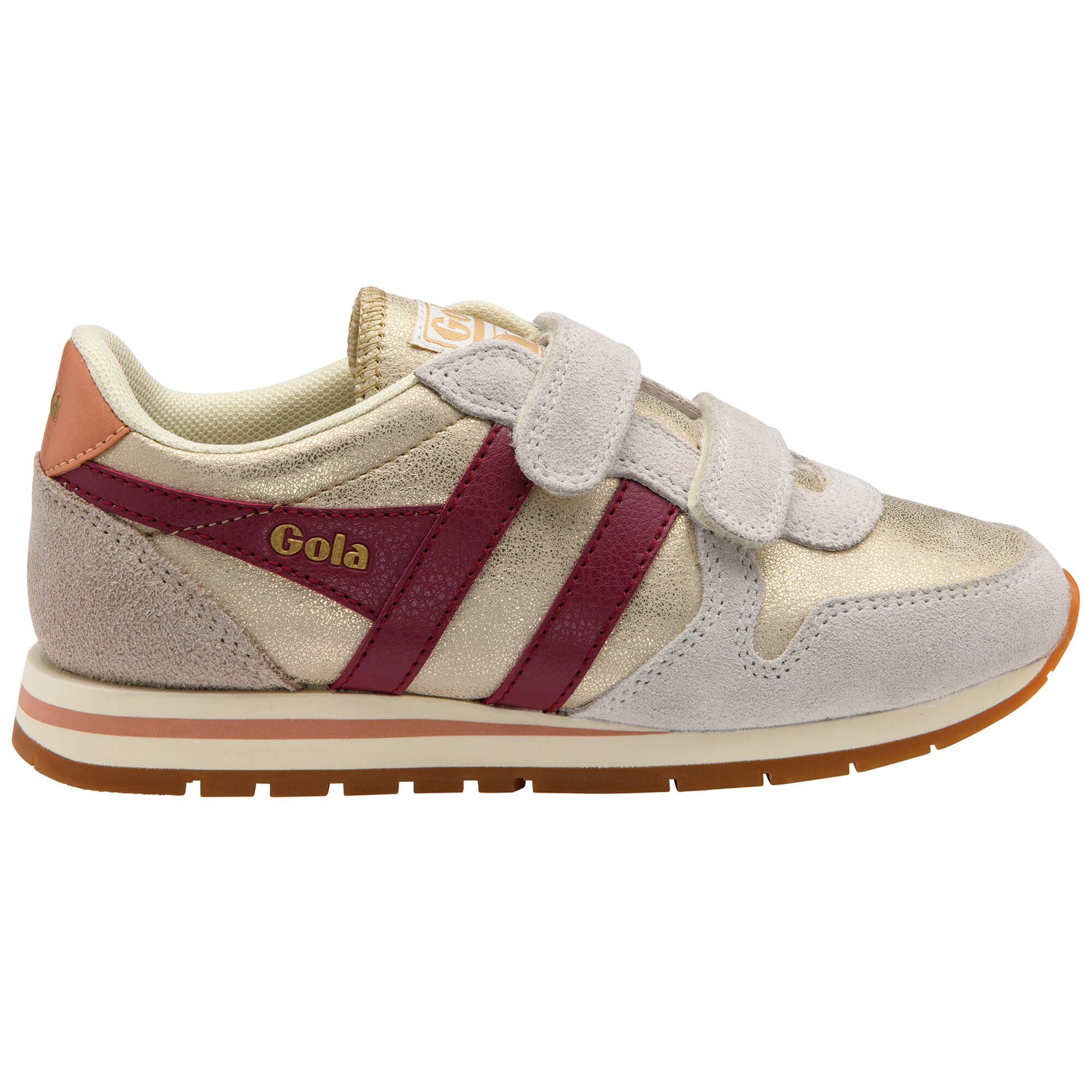Gola Kids Coaster trainers in gold and burgundy with hook and loop fastening