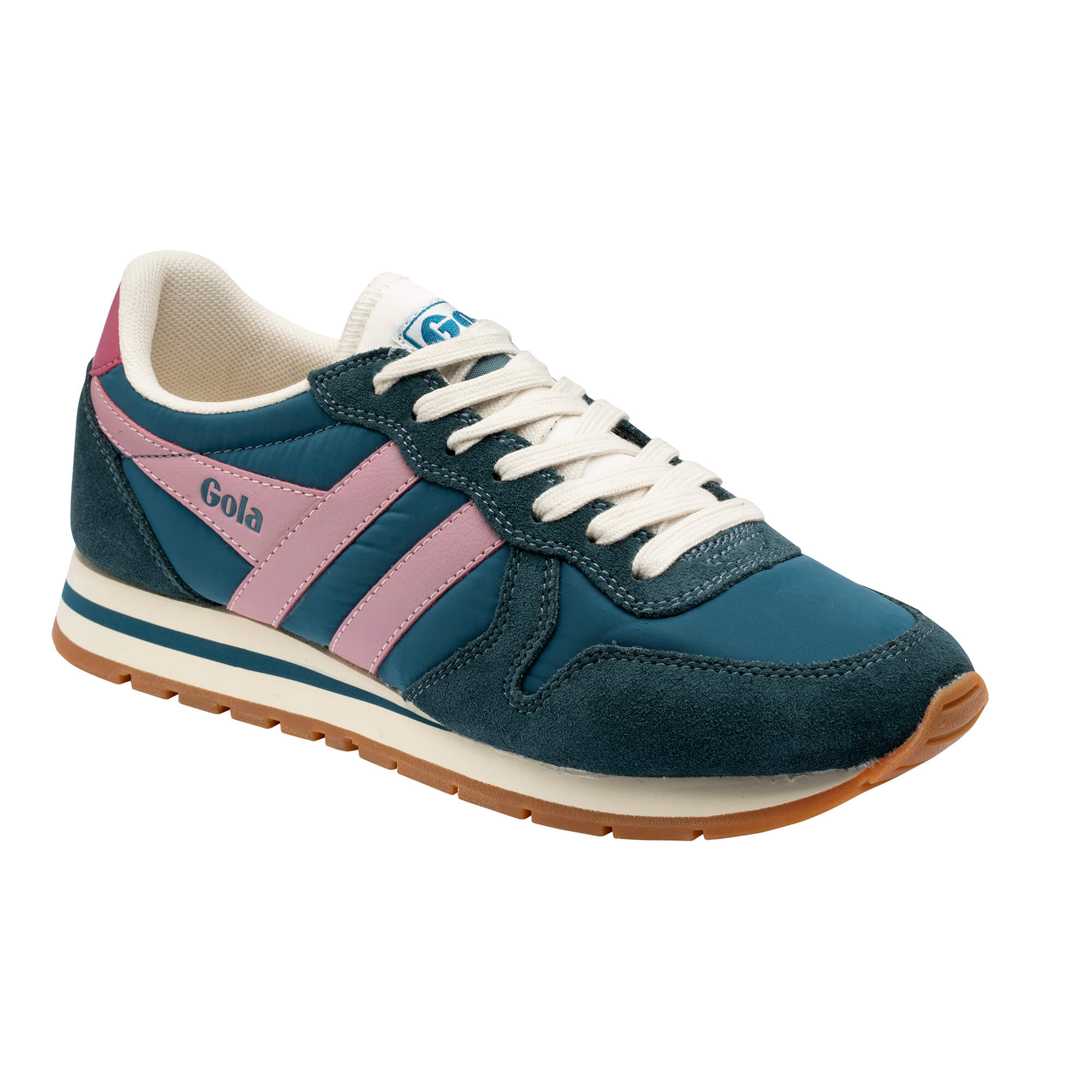 Gola women's trainer in teal with pink stripes and cream laces