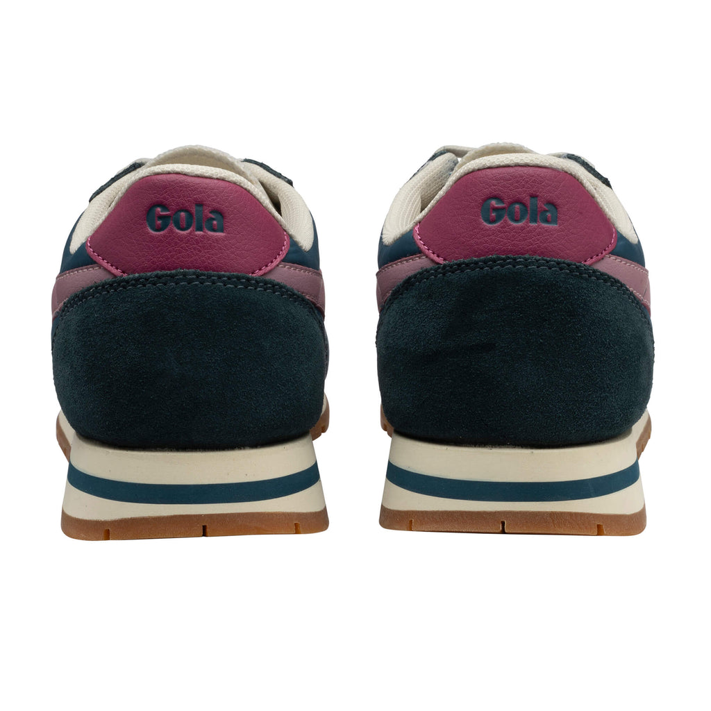 Pair of Gola trainers, rear view, in dark green suede and maroon leather with cream and teal soles