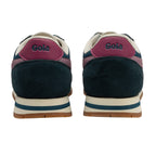 Pair of Gola trainers, rear view, in dark green suede and maroon leather with cream and teal soles