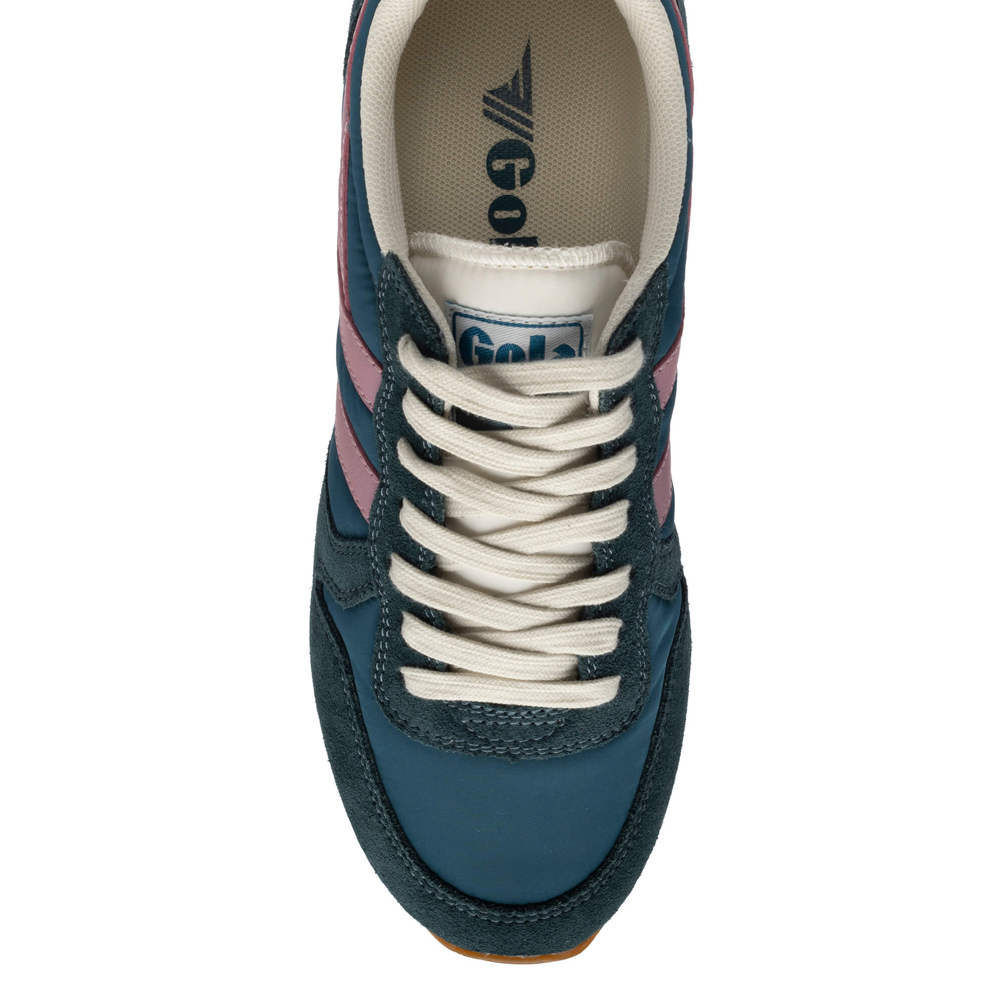 Top-down view of a Gola trainer in teal with pink stripes and cream laces