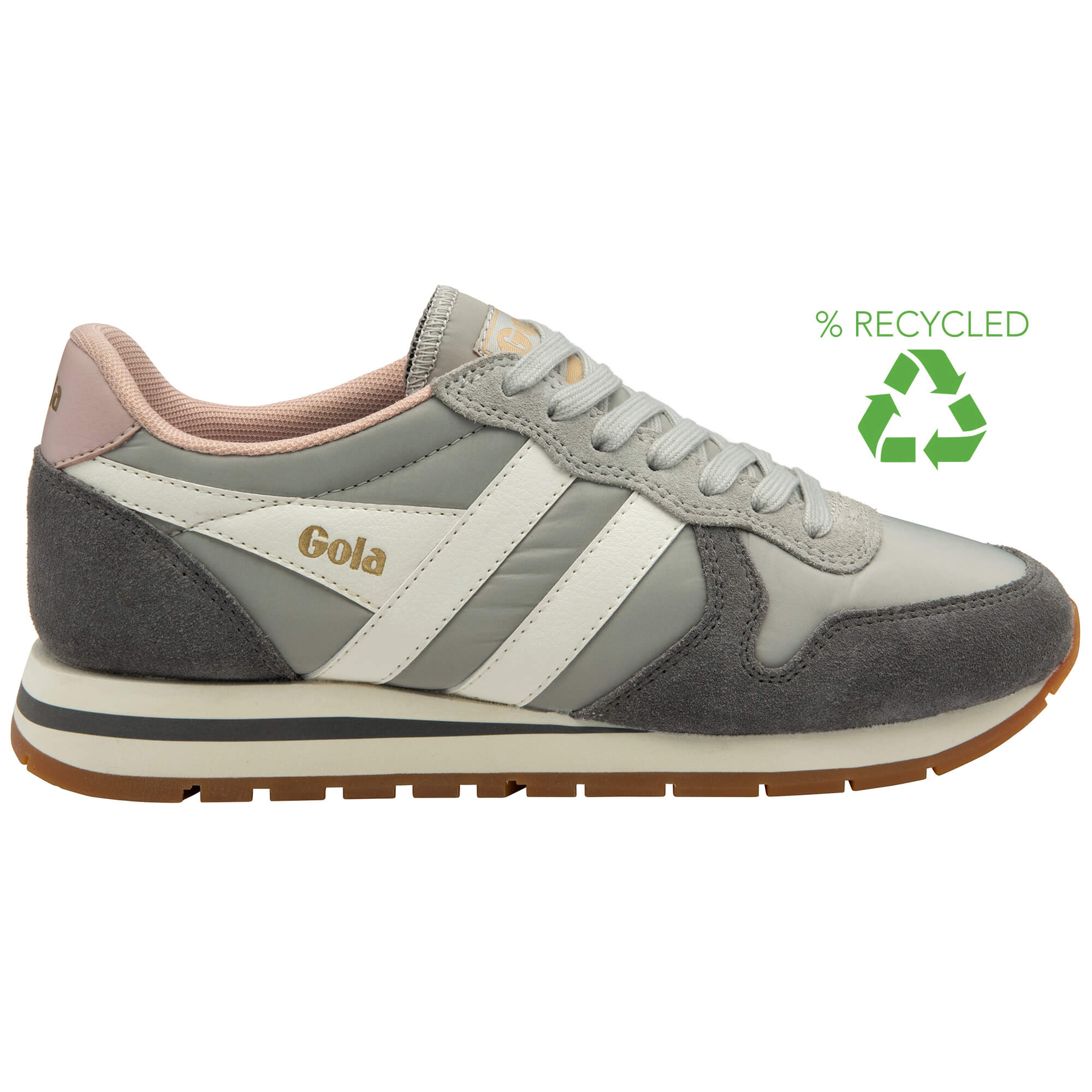 Gola women's trainer in grey and white with pink trim, brown sole, and a recycled logo