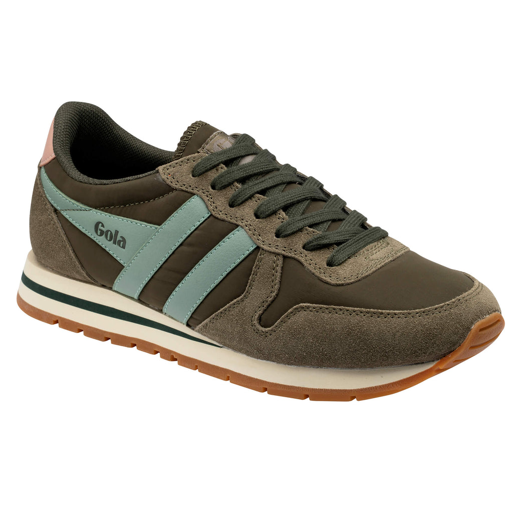 Gola women's trainer in khaki with light blue stripes and pink heel detail