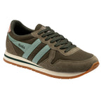 Gola women's trainer in khaki with light blue stripes and pink heel detail