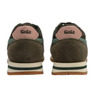 Rear view of two Gola trainers in dark green suede and fabric, with pink heel tabs and cream soles