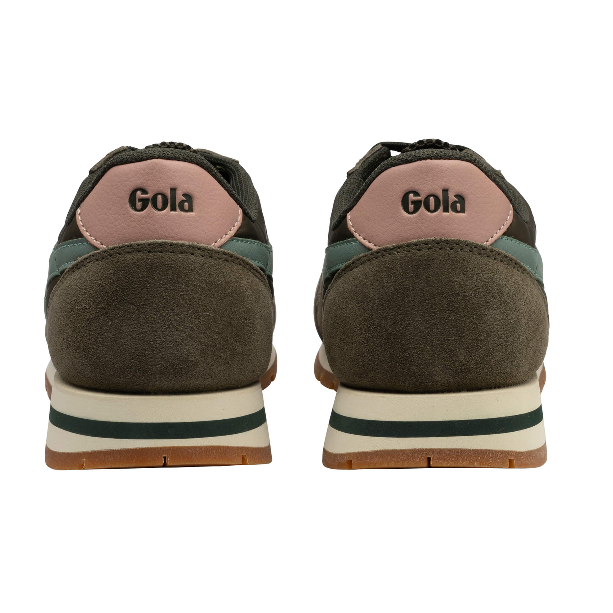Rear view of two Gola trainers in dark green suede and fabric, with pink heel tabs and cream soles