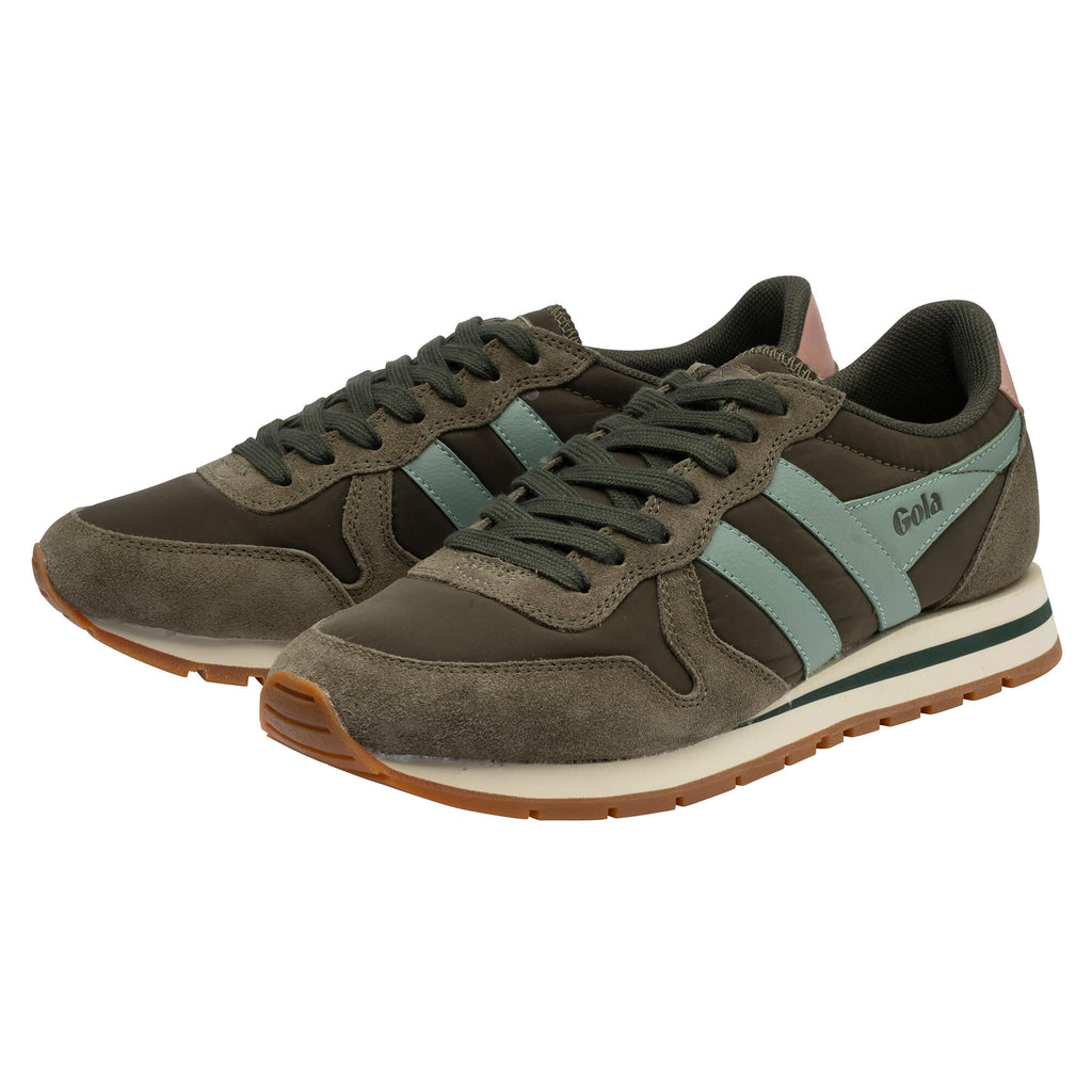 Pair of Gola Daytona trainers in khaki with light blue stripes and a pink heel accent