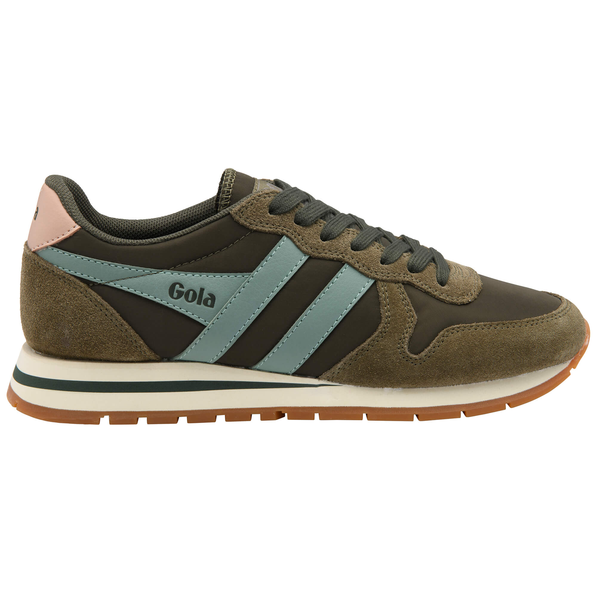 Gola women's trainer in khaki with light blue stripes and pink heel detail