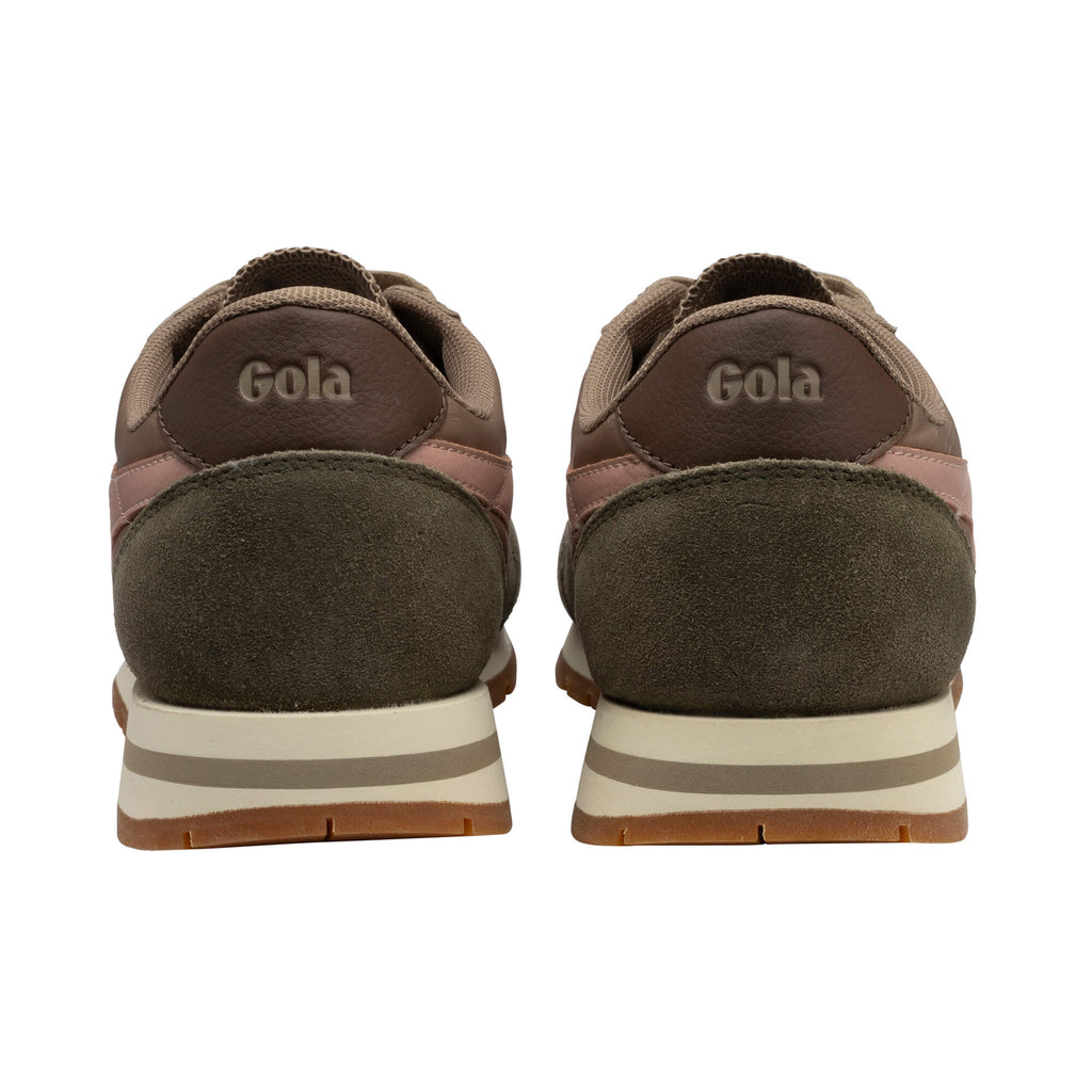 Pair of Gola trainers, rear view, in brown, pink, and olive green with cream soles