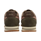 Pair of Gola trainers, rear view, in brown, pink, and olive green with cream soles