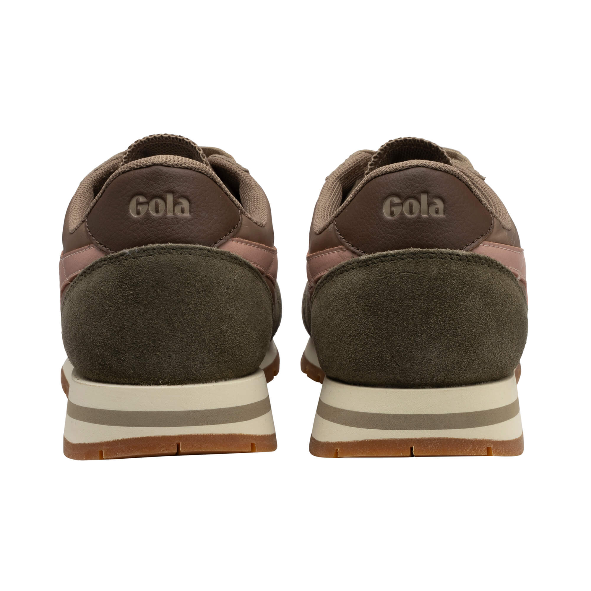 Pair of Gola trainers, rear view, in brown, pink, and olive green with cream soles