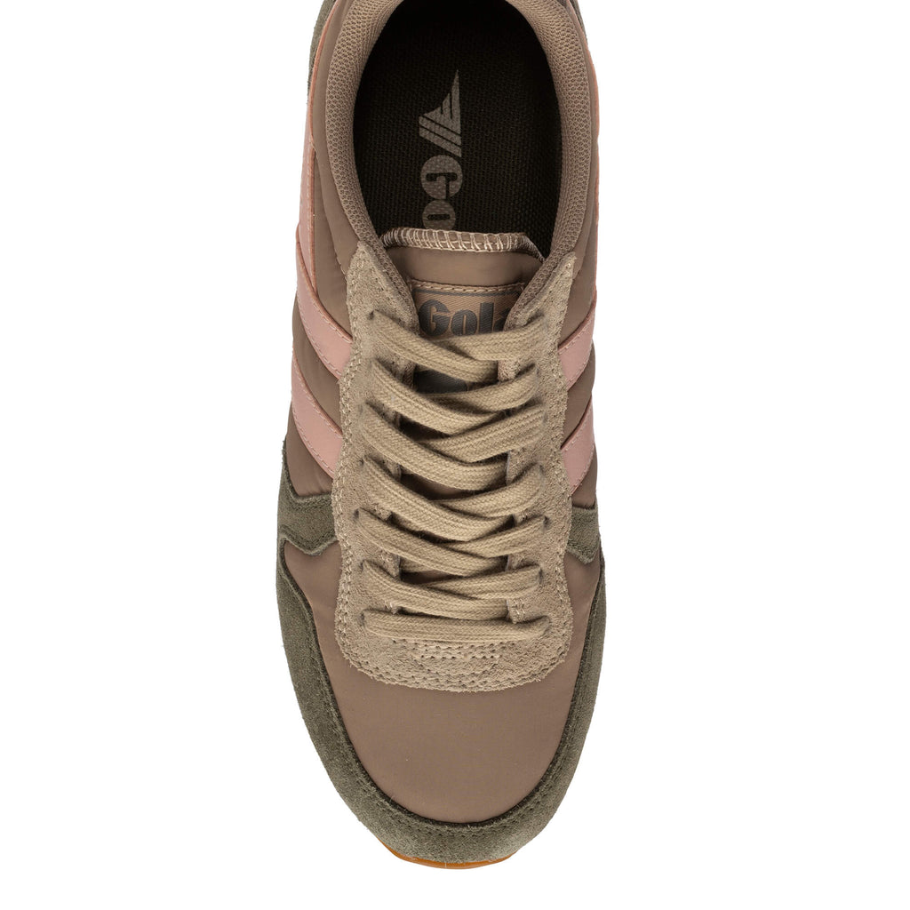 Top-down view of a Gola trainer in brown and pink with laces