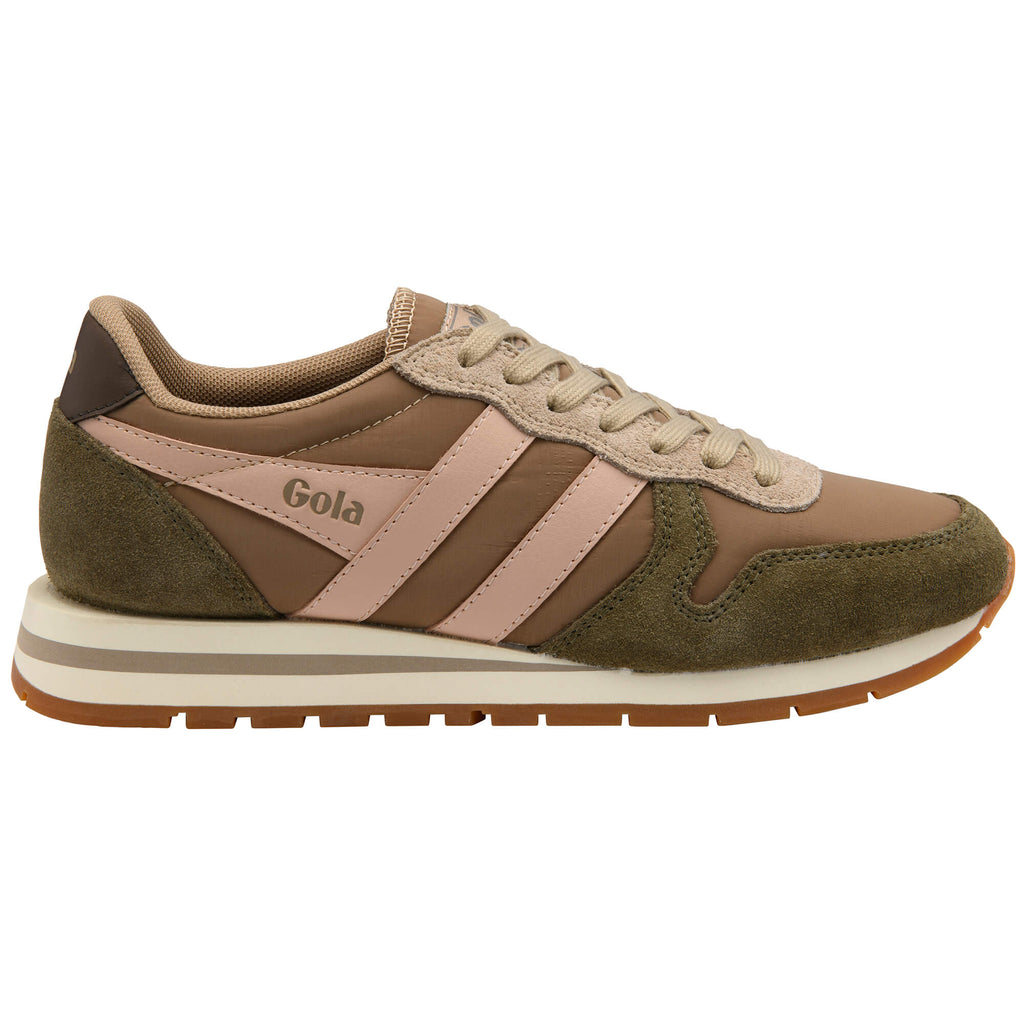Gola women's trainer in brown, olive green, and pale pink with a cream and brown sole