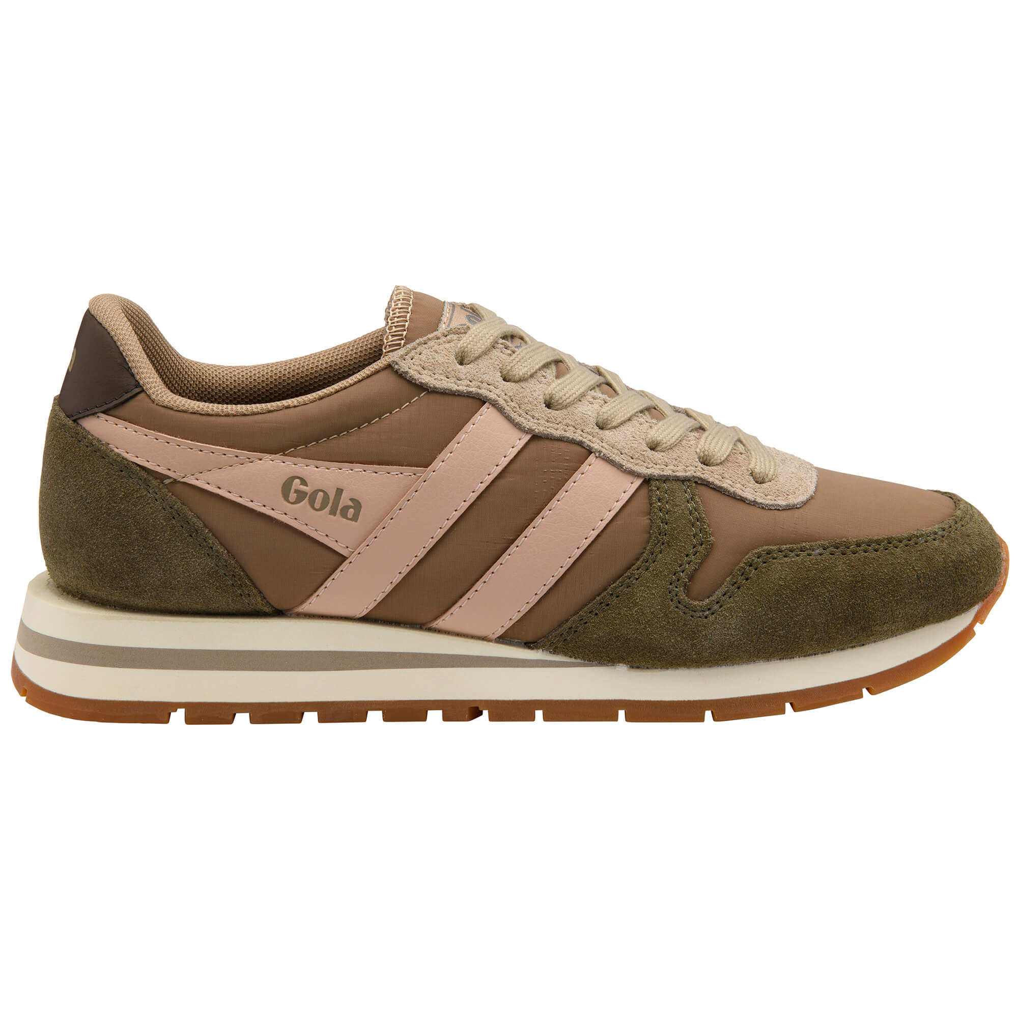 Gola women's trainer in brown, olive green, and pale pink with a cream and brown sole